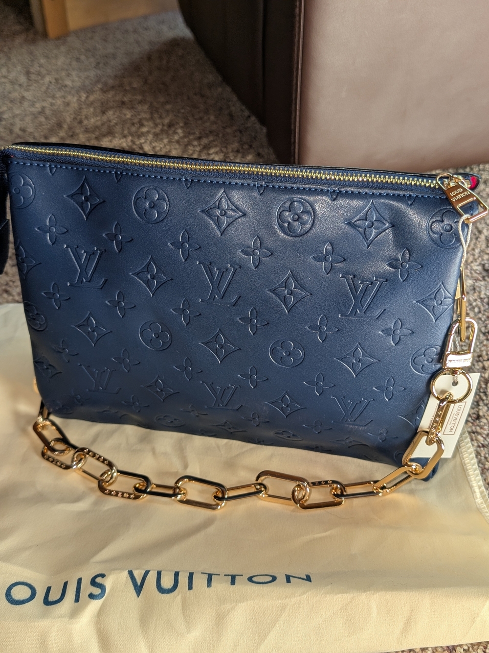 Fashion Navy Embossed Monogram Shoulder Pouch with Gold Chain